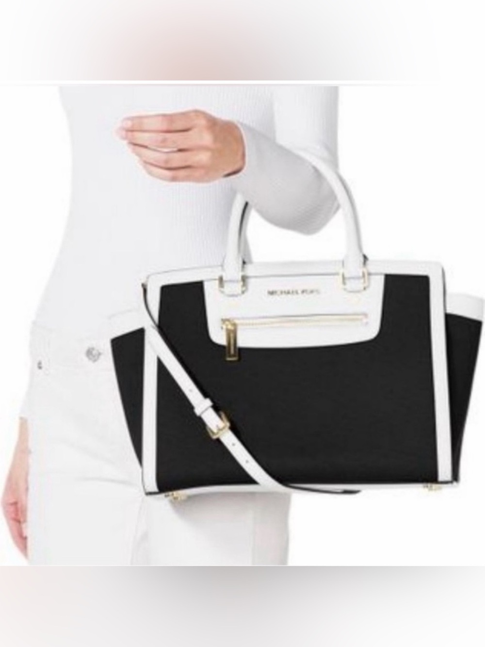 Michael Kors Black and White Satchel with Gold Hardware